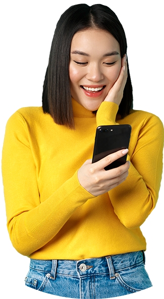 Image Of Happy Asian Woman Reading Message On Mobi FKGGSJ9 E1650561666821