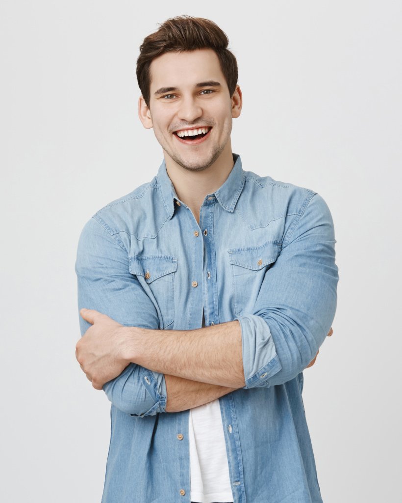 Portrait Of Guy Wearing Denim Shirt Standing With VVHQ92C